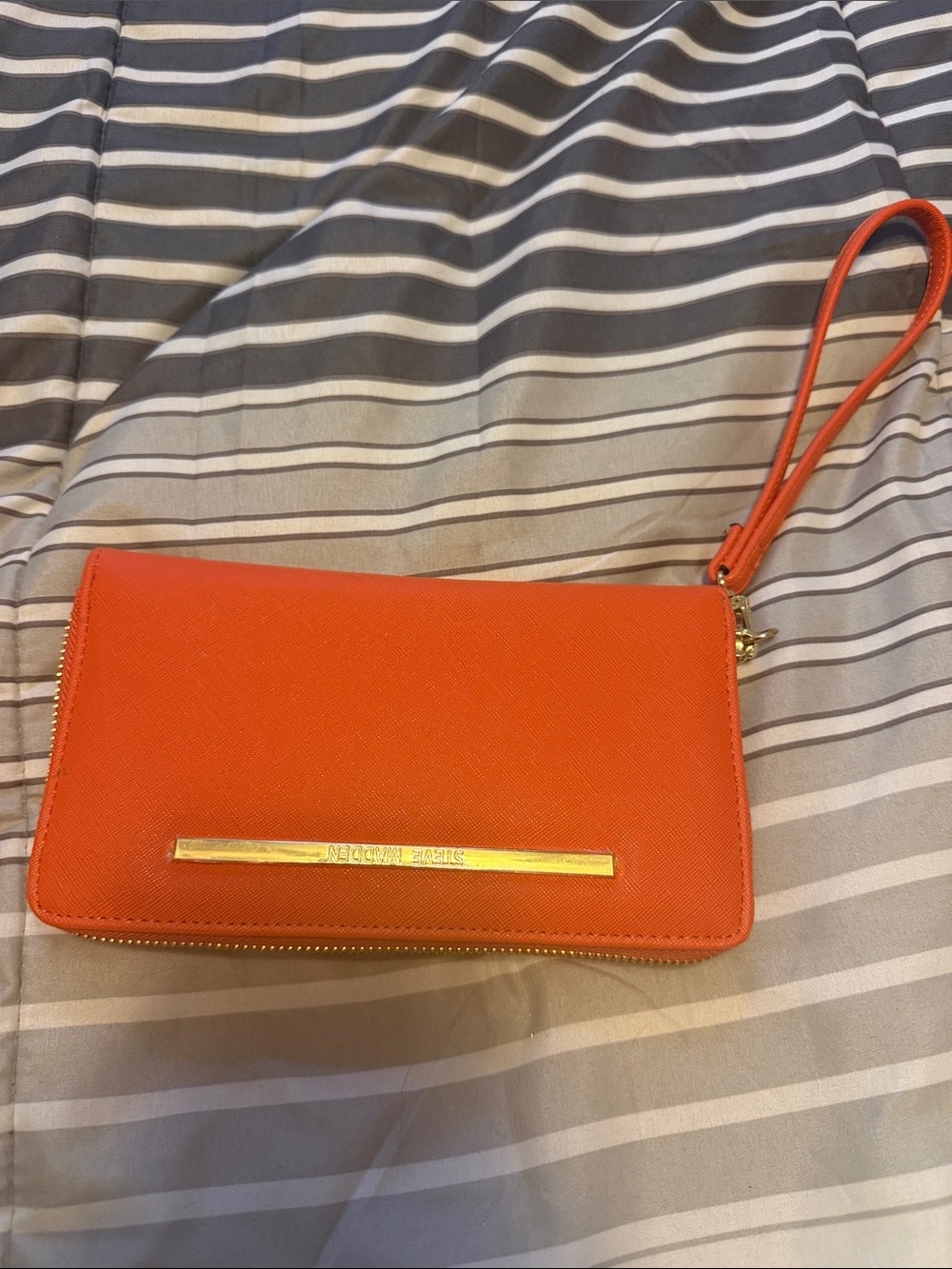 Steve Madden Orange Saffiano Wristlet Clutch with Gold Bar